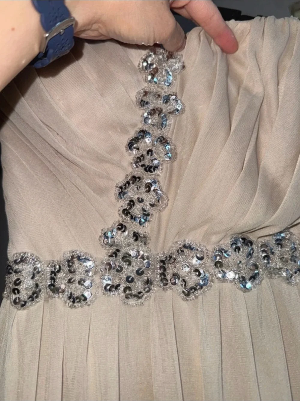 Strapless Champagne Gown with Jeweled Waist and chest  Size 1